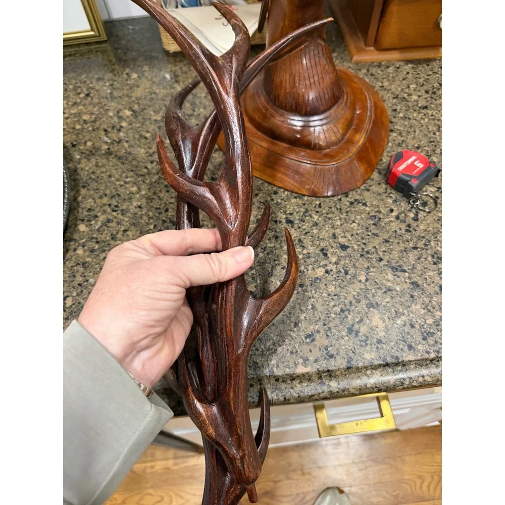 Vintage Hand Carved Wood Deer Head Wall Mount Antlers Rustic Lodge Decor 11 inch